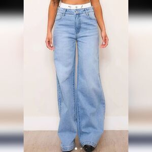 Vibrant Miu Double Waist Band Wide Leg Jeans Medium Light Stone Size M